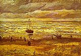 Ship Canvas Paintings - Beach with Figures and Sea with a Ship